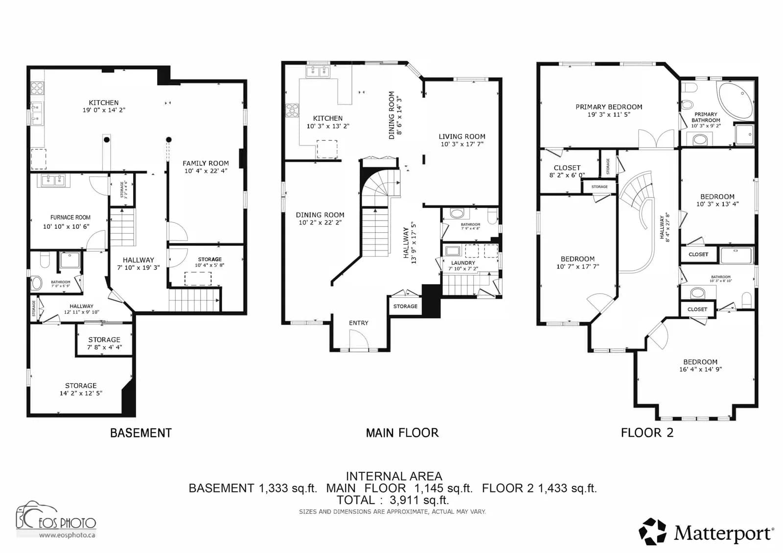 Floor plan of a three-level home showing the basement, main floor and second floor with room names and measurements, 3,911 sq ft in total