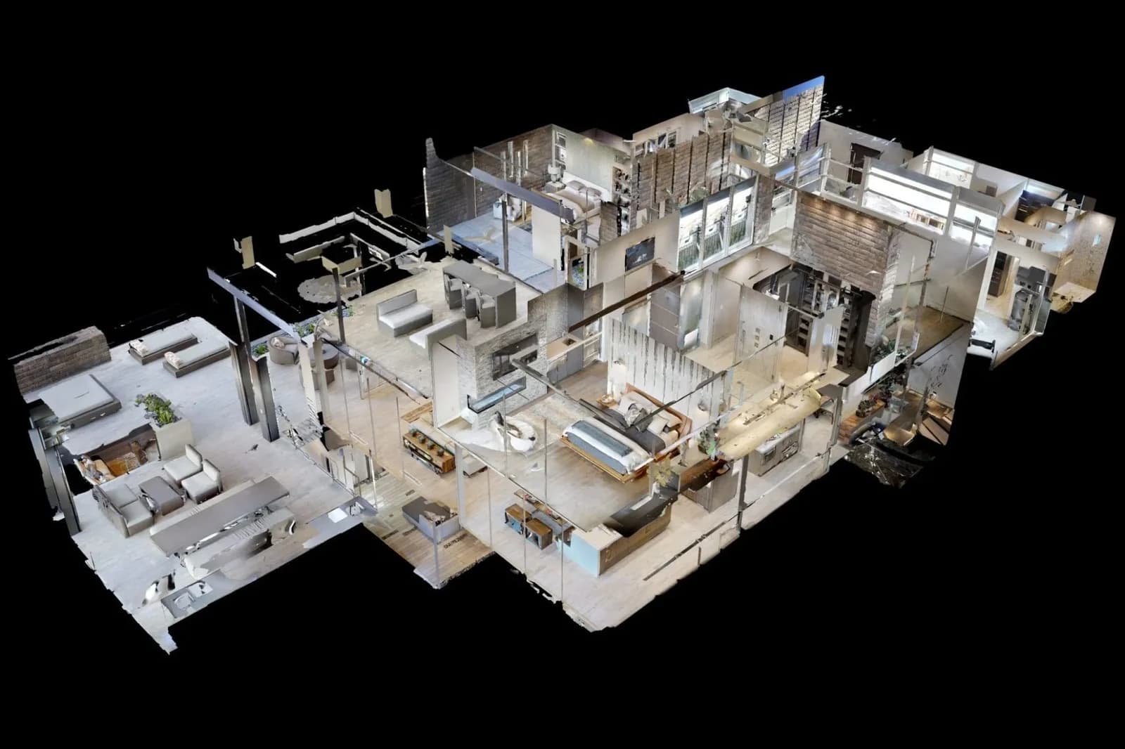 Matterport 3D dollhouse view of a furnished multi-level home, showing every room in a single cutaway model