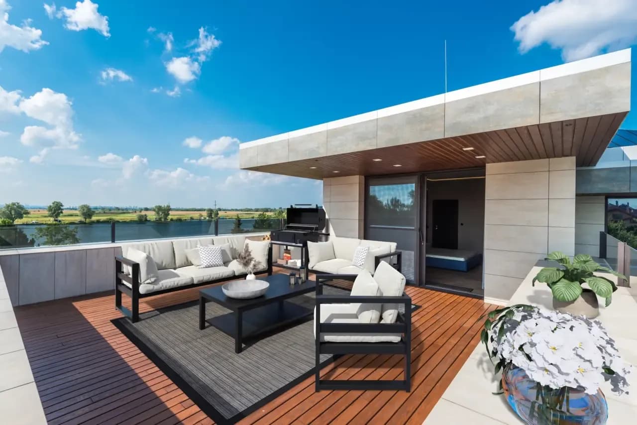 Same terrace virtually staged with outdoor seating and a coffee table